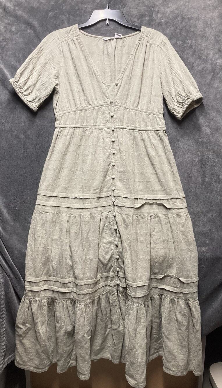 Lucky Brand Women's Prairie Tiered Maxi Button Up Dress Sage Cotton Lagenlook M